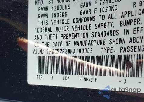 2015 Honda Accord Lx from USA, damaged, VIN 1HGCR2F38FA193003